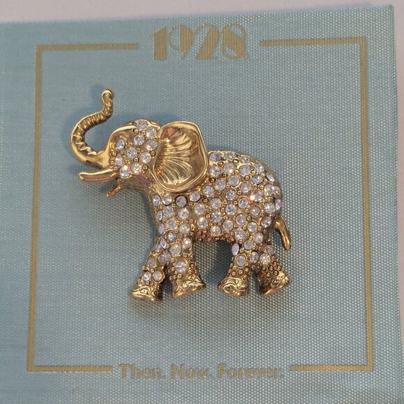 1928 Then, Now, Forever Gold Tone Clear Rhinestone Elephant Brooch Pin - Picture 2 of 3